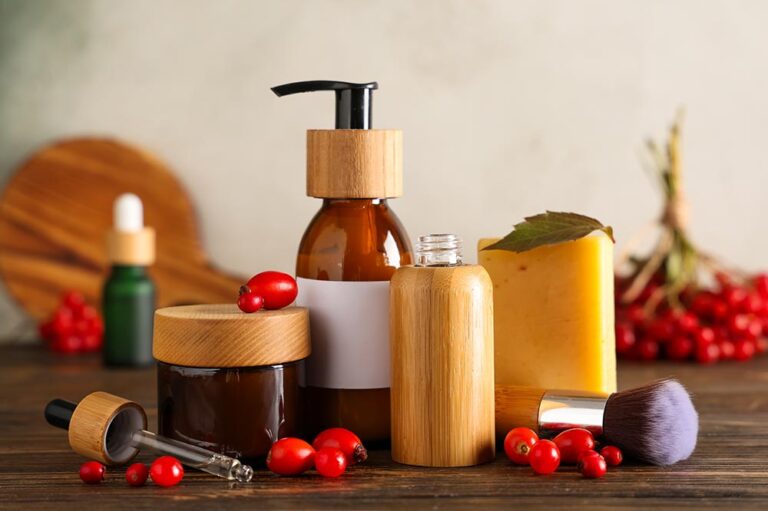Eco friendly beauty products representative image with bottles etc.
